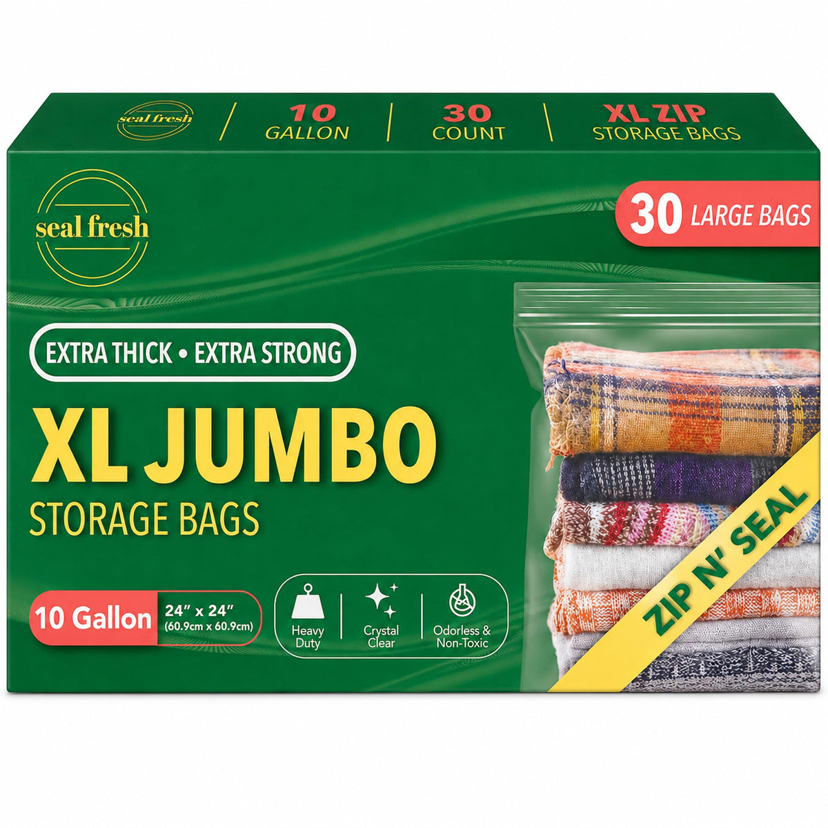 Seal Fresh 3 Gallon Large Plastic Storage Bags - 16 x 18 Inch (15 Count) - Reusable Write-On XXL Extra Large Big Oversized Clear Jumbo Zip Top Bags with Sealable Zipper for Clothes, Travel, Moving