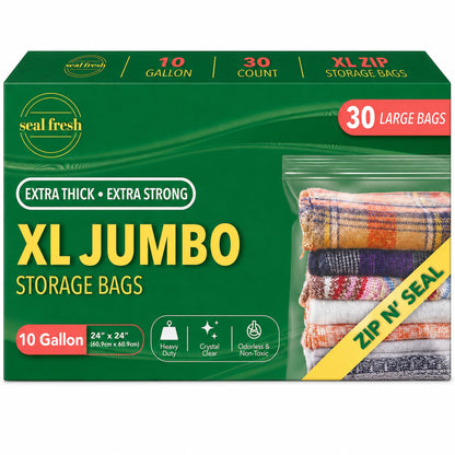 Seal Fresh 3 Gallon Large Plastic Storage Bags - 16 x 18 Inch (15 Count) - Reusable Write-On XXL Extra Large Big Oversized Clear Jumbo Zip Top Bags with Sealable Zipper for Clothes, Travel, Moving