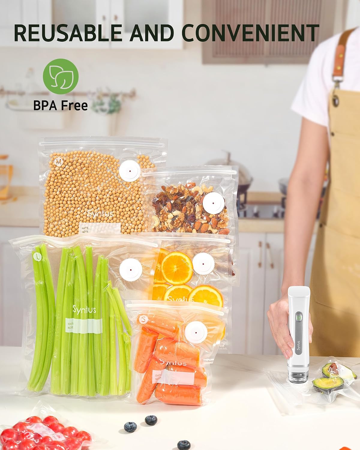 Syntus 60 Pcs Reusable Vacuum Sealer Bags for Food, S+M+L