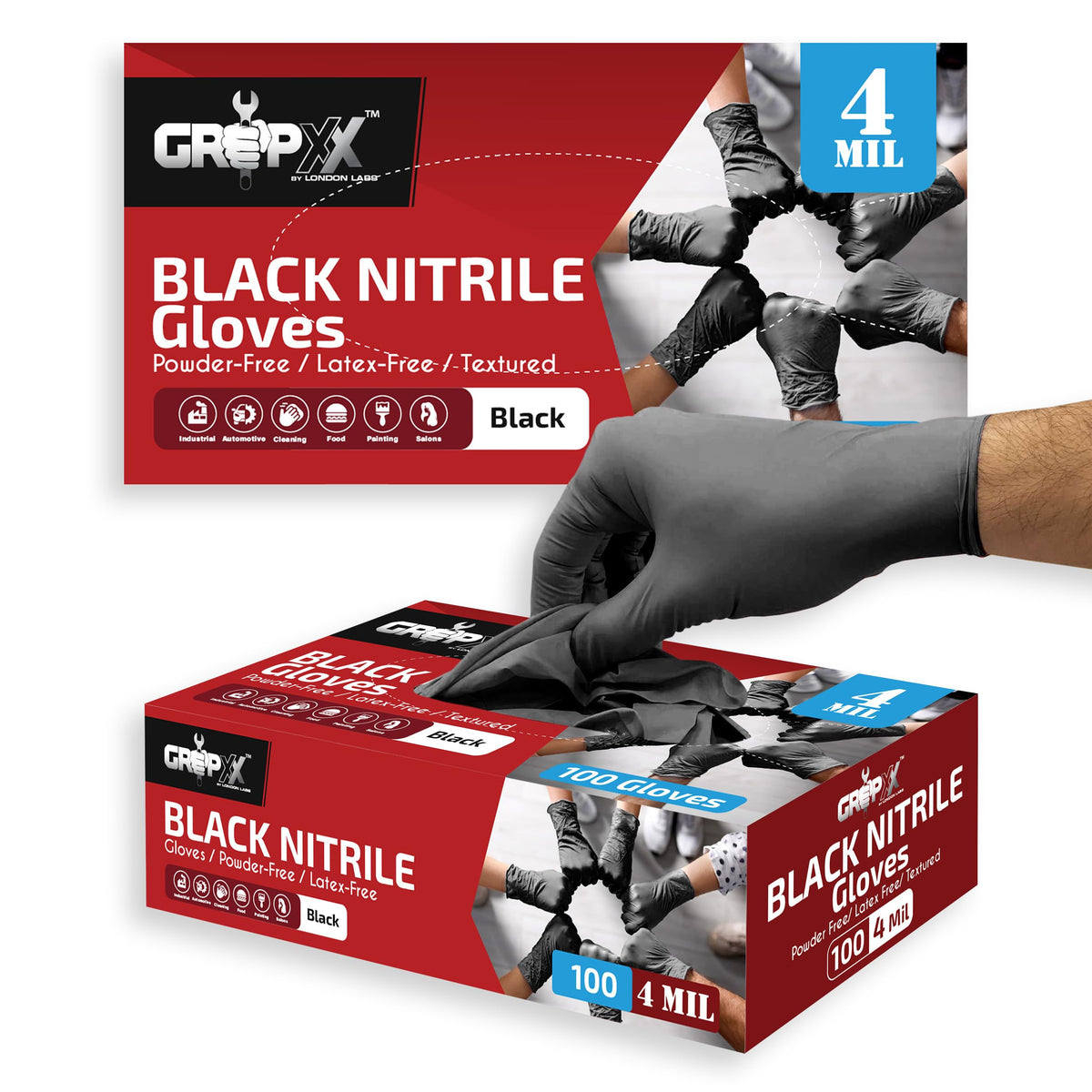 London Labs Black Nitrile Gloves Disposable Latex Free & Powder Free, 4 Mil Rubber Glove, Cleaning, Cooking, Mechanic(XS-XXL)