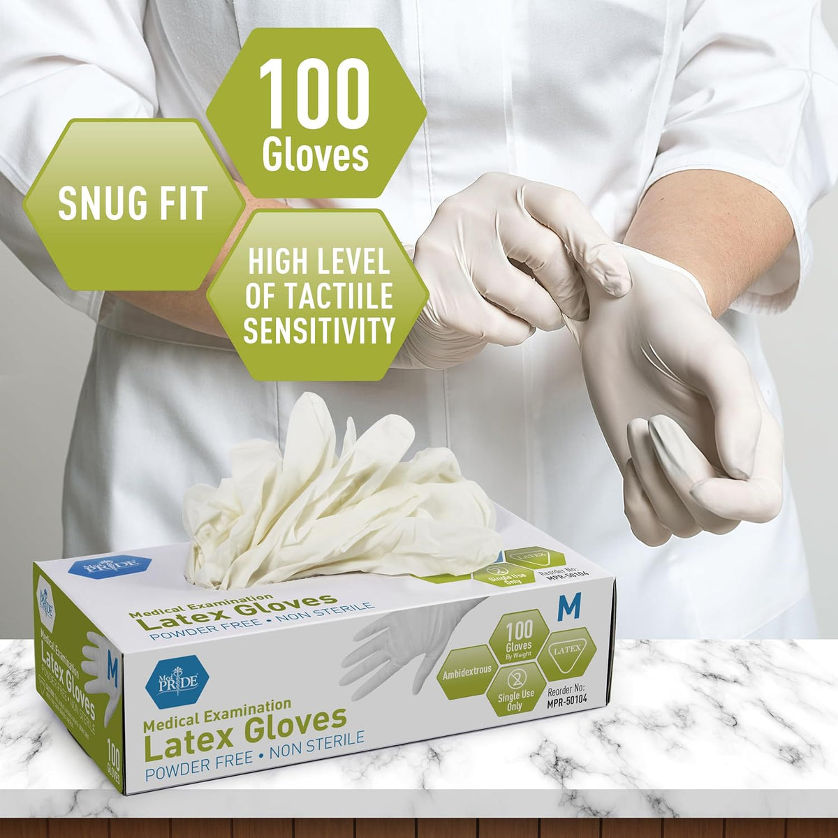 MED PRIDE Medpride Medical Examination Latex Gloves| 5 mil Thick, Powder-Free, Non-Sterile, Heavy Duty Exam Gloves