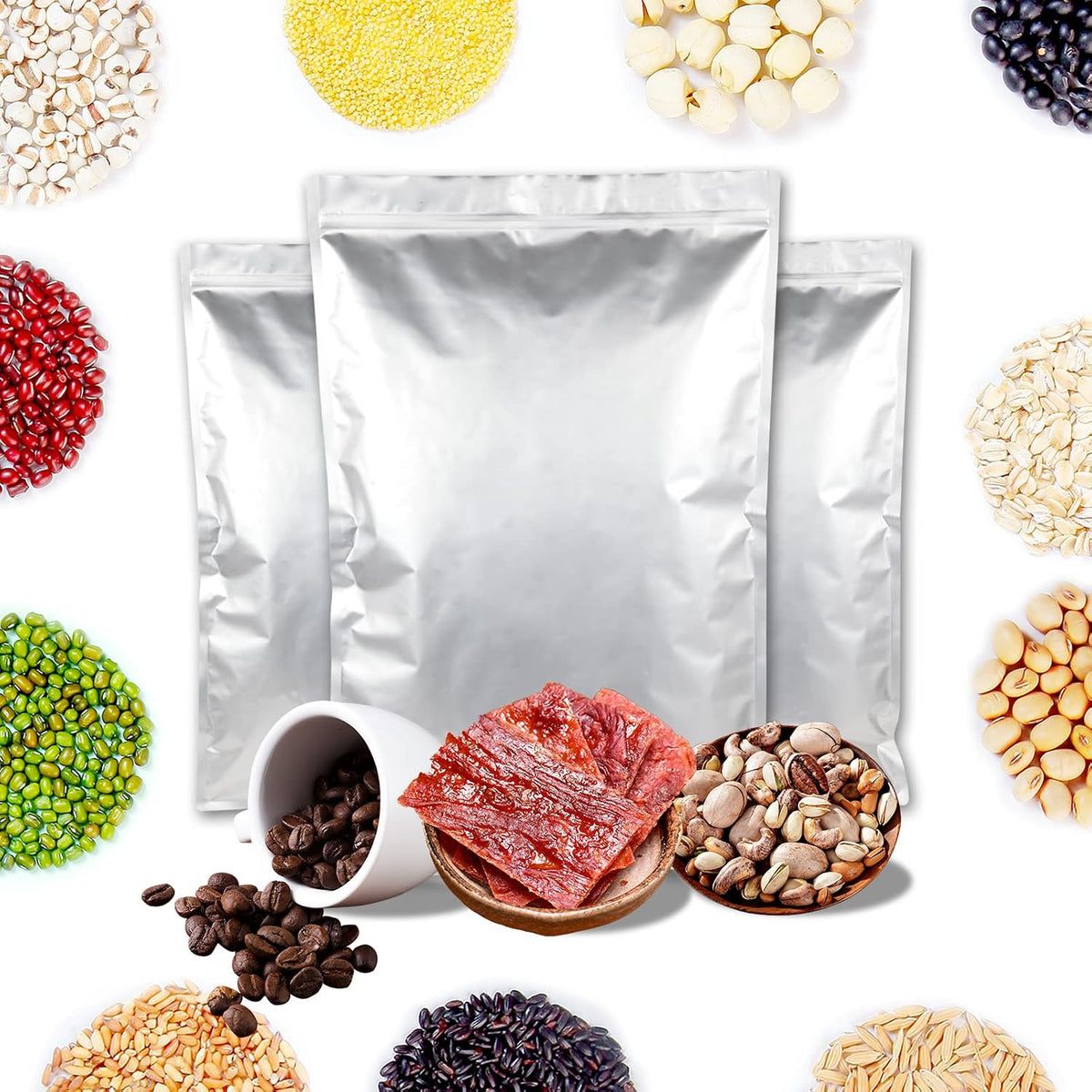 10PCS 5 Gallon Mylar Bags with 2500CC Oxygen Absorbers and Labels, Zipper Resealable Pouches Heat Sealable Bags for Long Term Food Storage