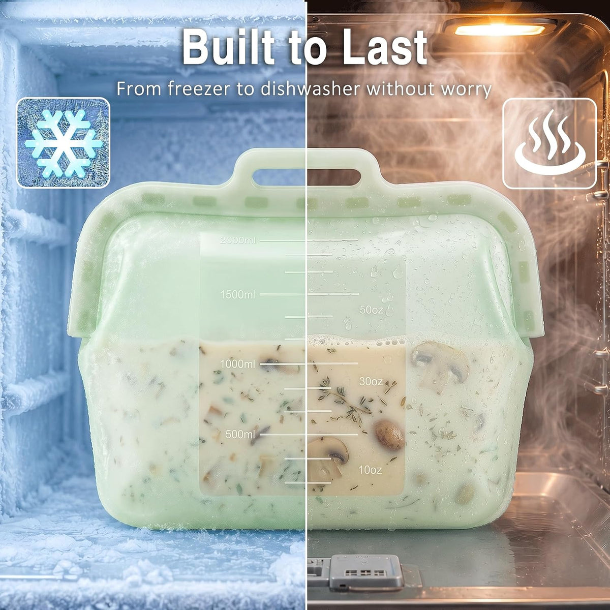 Large Reusable Silicone Food Storage Bag, 68 oz/2 L, Magnetic Seal