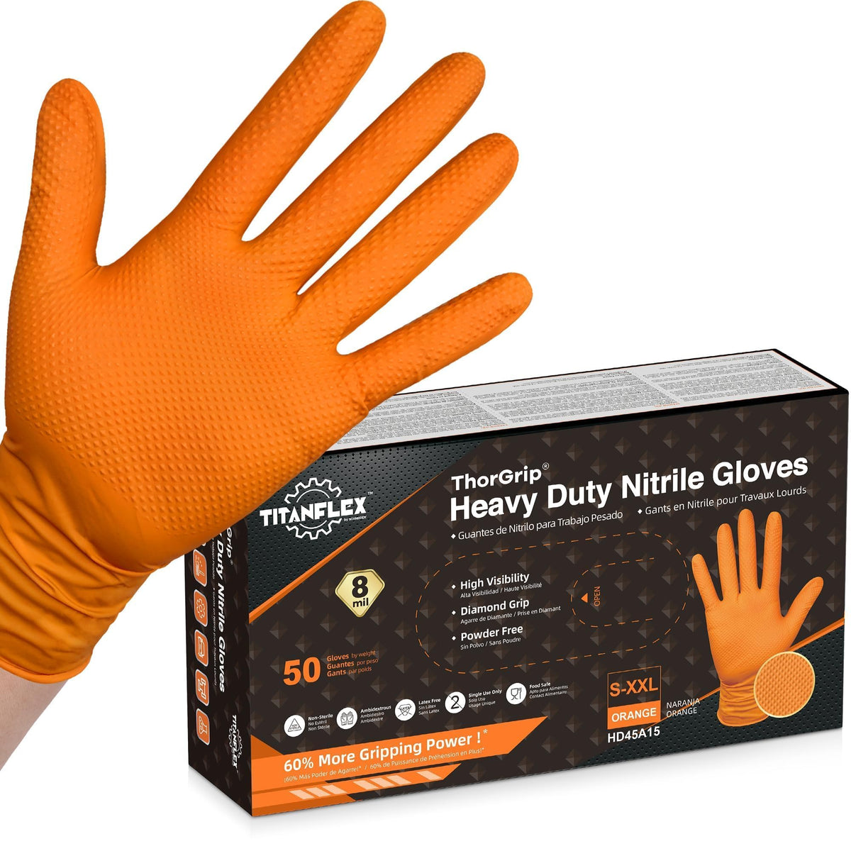 TitanFlex Heavy Duty Industrial Orange Nitrile Gloves, 8-mil, Gloves Disposable Latex Free with Raised Diamond Texture Grip, Powder Free, Rubber Glove, Mechanic Gloves,100-ct Box (Large)