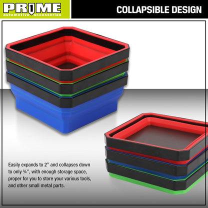 PR1ME Collapsible Magnetic Parts Tray Set, Foldable Magnetic Tray, 3 Pieces 4.25 inch Square Silicone Bowls with Magnetic Base Stores and Organizes Small Parts and Tools
