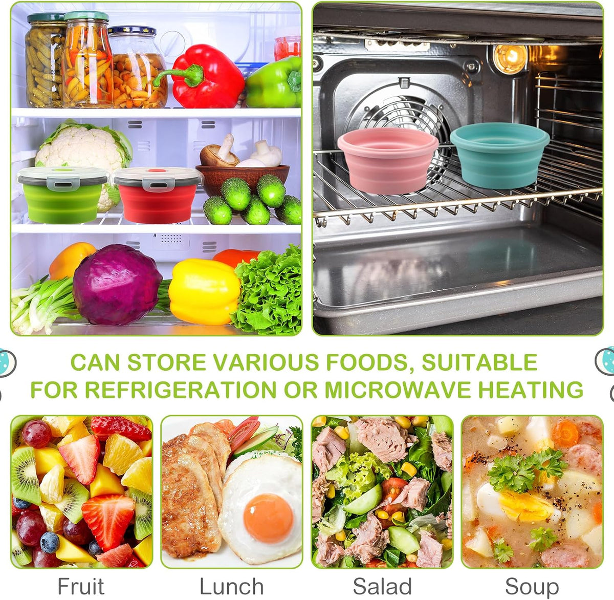 Suclain 4 Pcs Collapsible Bowls with Lids Silicone Camping Food Storage Container Expandable Folding Salad Lunch Box Travel Container for Hiking Camping