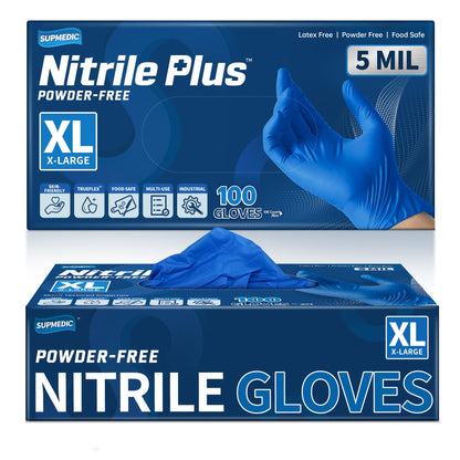 Supmedic Nitrile+ Disposable Gloves, 5 Mil Latex & Powder-Free Glove 100 Ct
