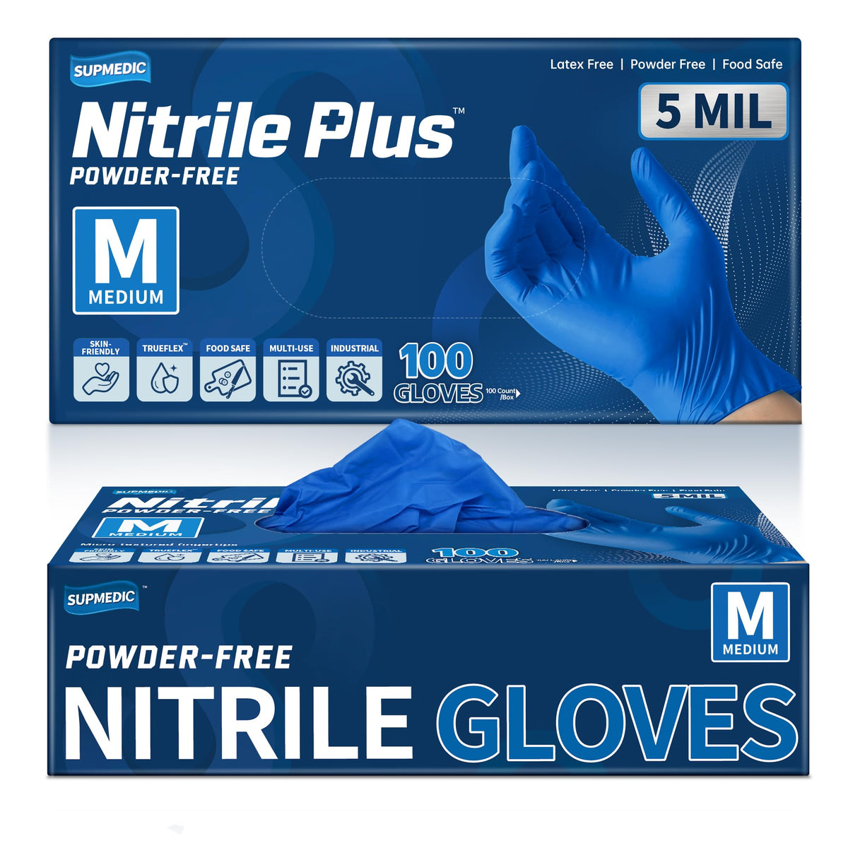 Supmedic Nitrile+ Disposable Gloves, 5 Mil Latex & Powder-Free Glove 100 Ct