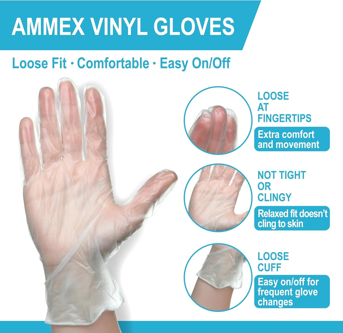 AMMEX Vinyl Gloves Disposable 4 mil Clear Plastic Exam Grade and Food Safe