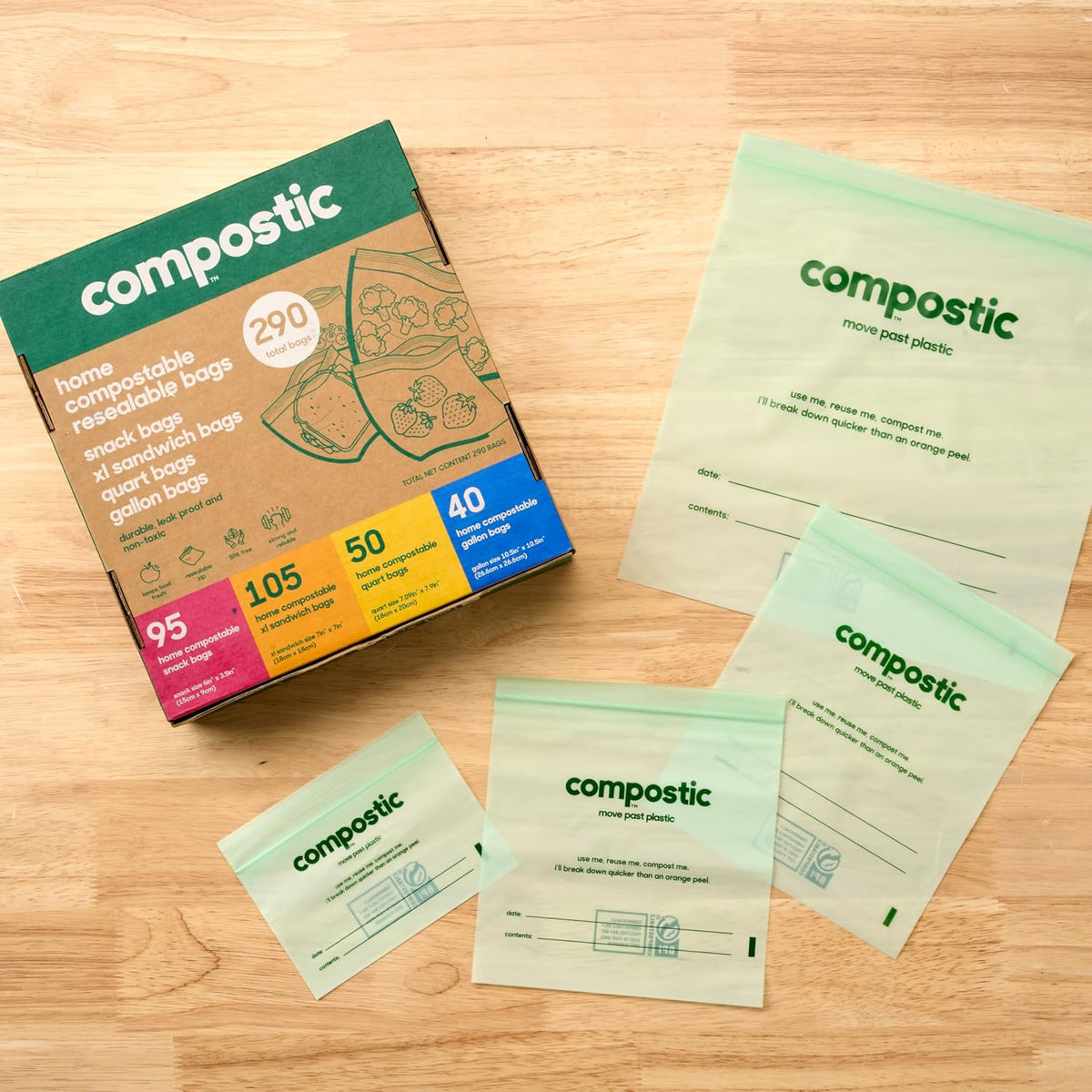 Compostic Compostable Sandwich, Snack, Gallon, Quart Bags Variety, 290 Ct