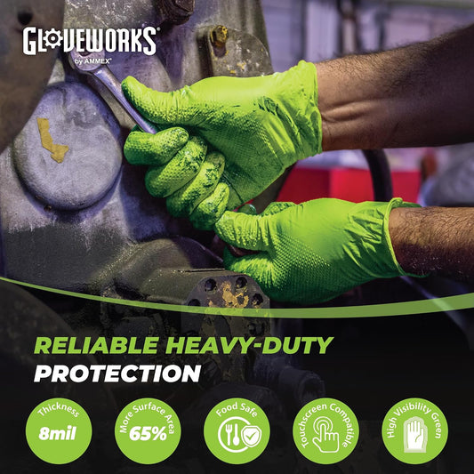 Gloveworks HD 8 mil Green Nitrile Disposable Industrial Gloves with Raised Diamond Texture - GWGN Box of 100 / Medium