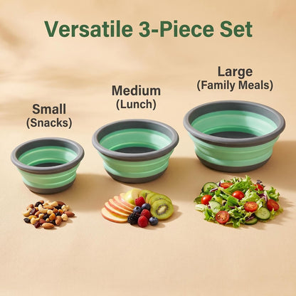 Collapsible Silicone Bowls with Lids, 3 Pack Food Grade Foldable Camping Bowl Set, Portable Travel Bowls for Salad, Ramen, Lunch, Outdoor Collapsible Food Storage Containers
