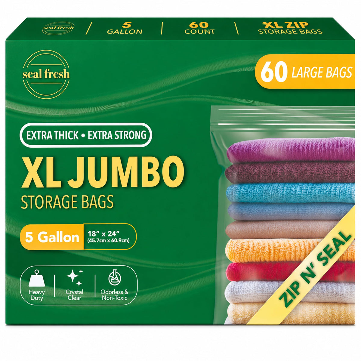Seal Fresh 3 Gallon Large Plastic Storage Bags - 16 x 18 Inch (15 Count) - Reusable Write-On XXL Extra Large Big Oversized Clear Jumbo Zip Top Bags with Sealable Zipper for Clothes, Travel, Moving