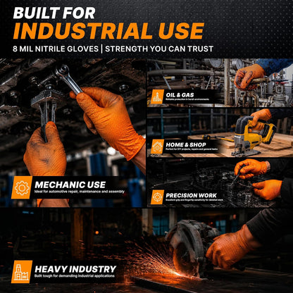 TitanFlex Heavy Duty Industrial Orange Nitrile Gloves, 8-mil, Gloves Disposable Latex Free with Raised Diamond Texture Grip, Powder Free, Rubber Glove, Mechanic Gloves,100-ct Box (Large)