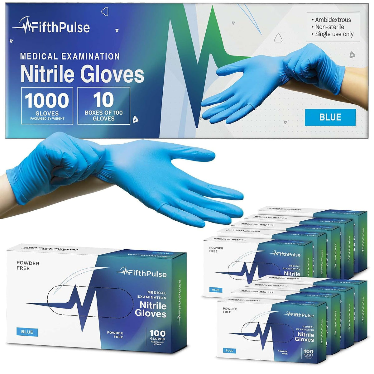 FifthPulse Blue Disposable Nitrile Exam Gloves Large 1000 Count - Medical Grade, 3 Mil, Textured Tips, Food Safe, Latex Free, Powder Free for Cleaning, Cooking, Medical Use - Case of 10 Boxes of 100