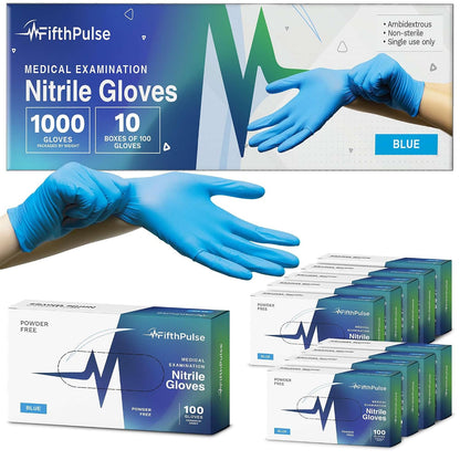 FifthPulse Blue Disposable Nitrile Exam Gloves Large 1000 Count - Medical Grade, 3 Mil, Textured Tips, Food Safe, Latex Free, Powder Free for Cleaning, Cooking, Medical Use - Case of 10 Boxes of 100
