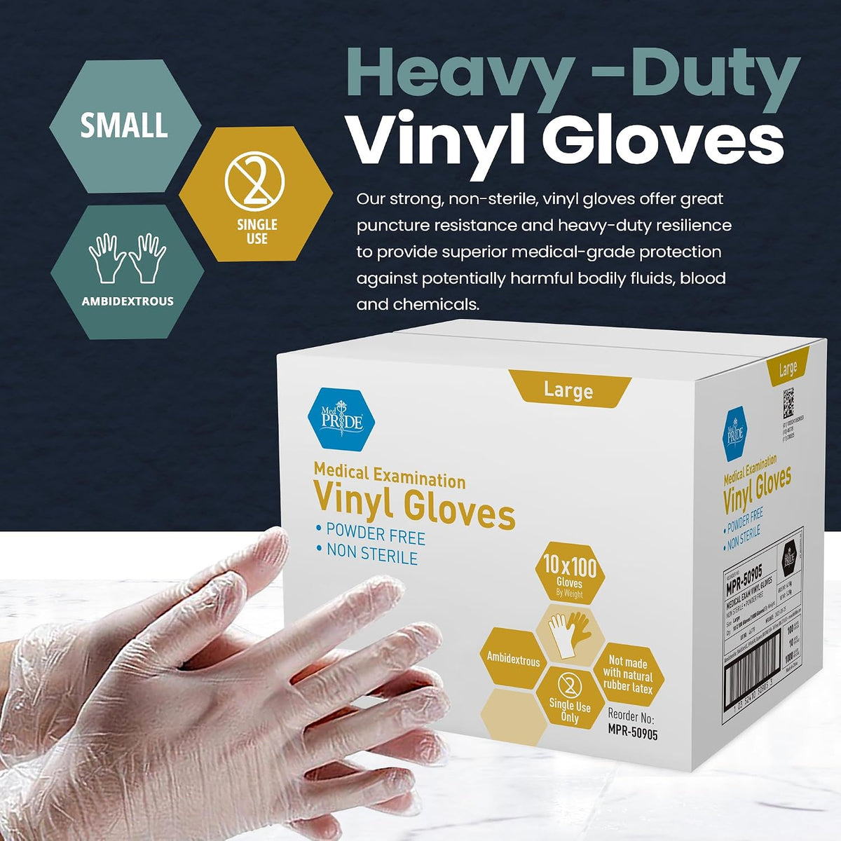 MED PRIDE Vinyl Exam Medical Gloves,Powder & Latex-Free,Large,1000-Count