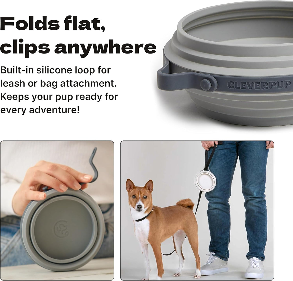 Cleverpup Nomad Large Collapsible Travel Dog Bowl - 4 Cup, Grey Silicone