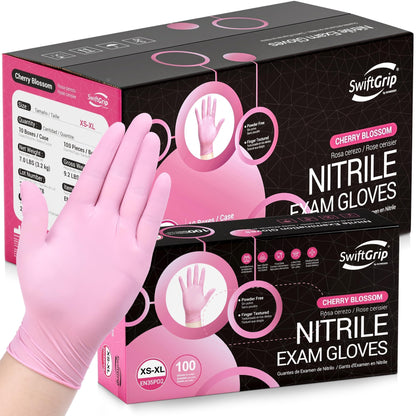 SwiftGrip Pink Nitrile Gloves, 3-mil, Industrial Gloves Disposable Latex Free, for Cleaning & Esthetician, Rubber Powder-Free, 100-ct Box (Medium)