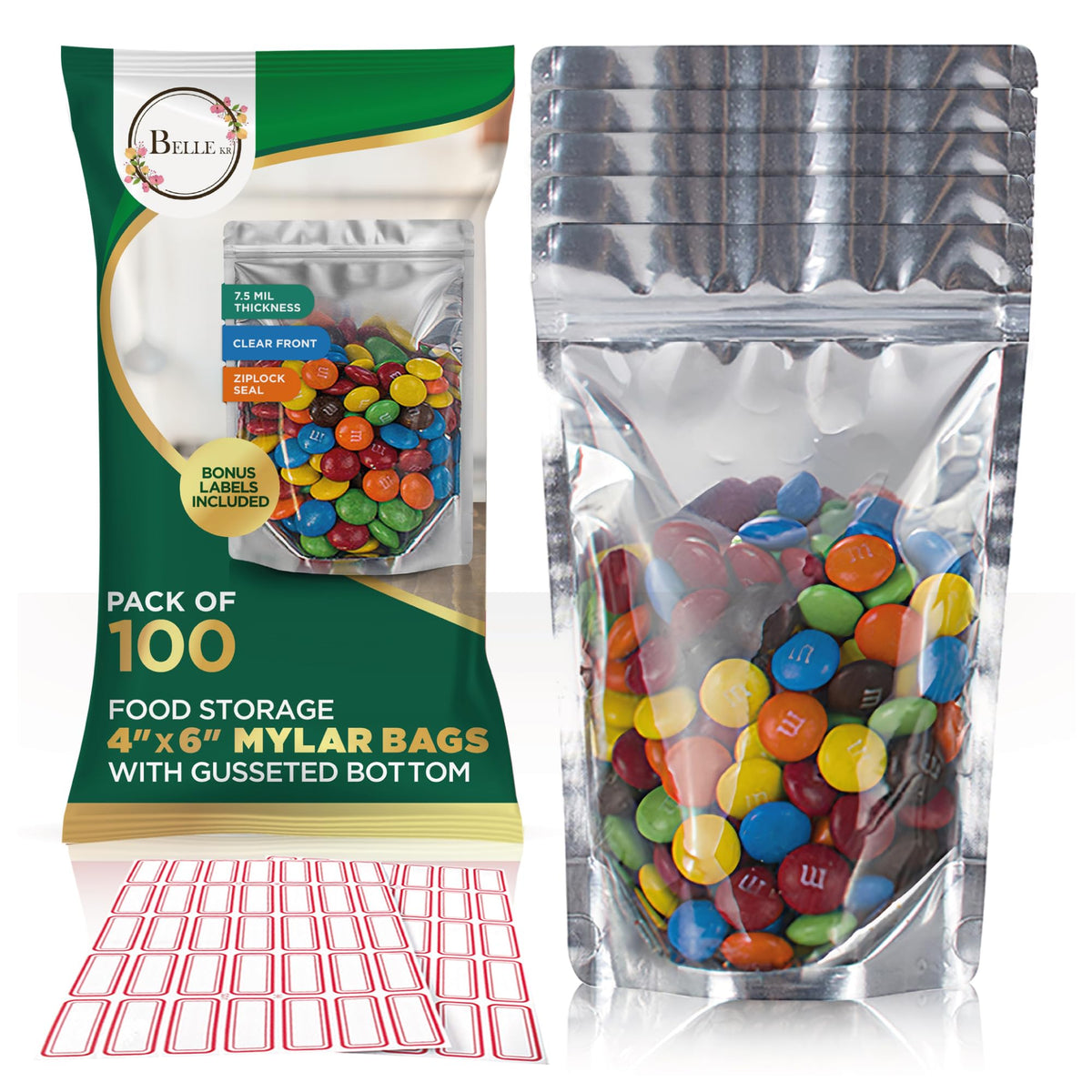 5x8 Mylar Bags for Food Storage - Pack Of 100-7.5mil Thickness