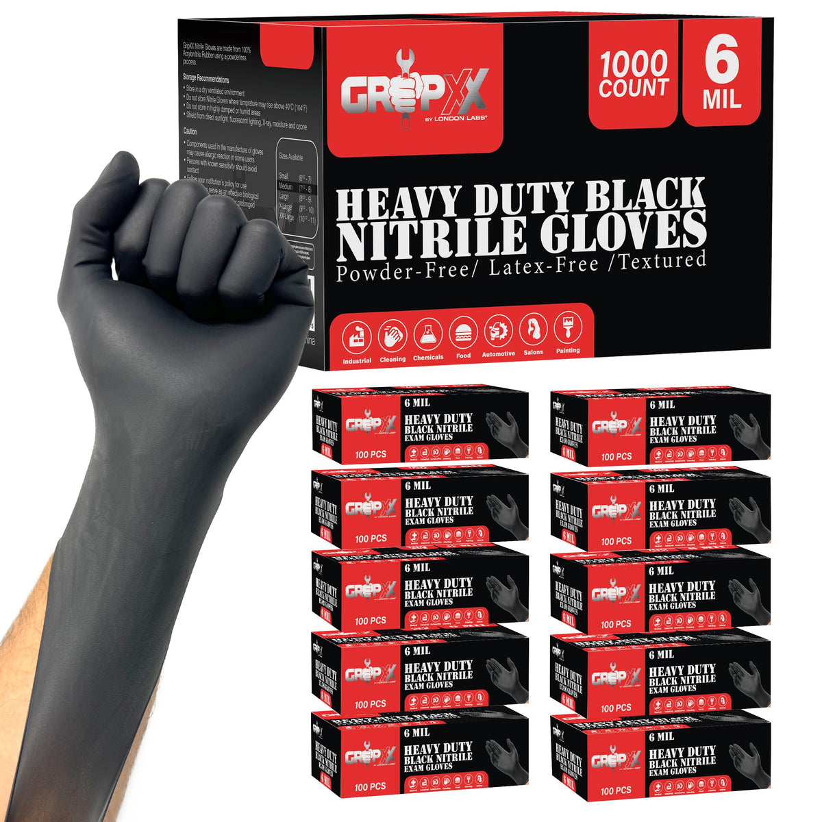 London Labs Heavy Duty 6 Mil Black Nitrile Gloves - Disposable, Latex & Powder Free | Mechanic, Food Prep & Tattoo | Rubber Gloves for Cooking, Cleaning & Household | Pack of (100)