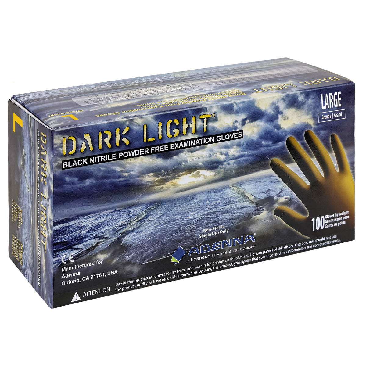 Adenna DLG675 Dark Light 9 mil Nitrile Powder Free Exam Gloves (Black, Medium) Box of 100