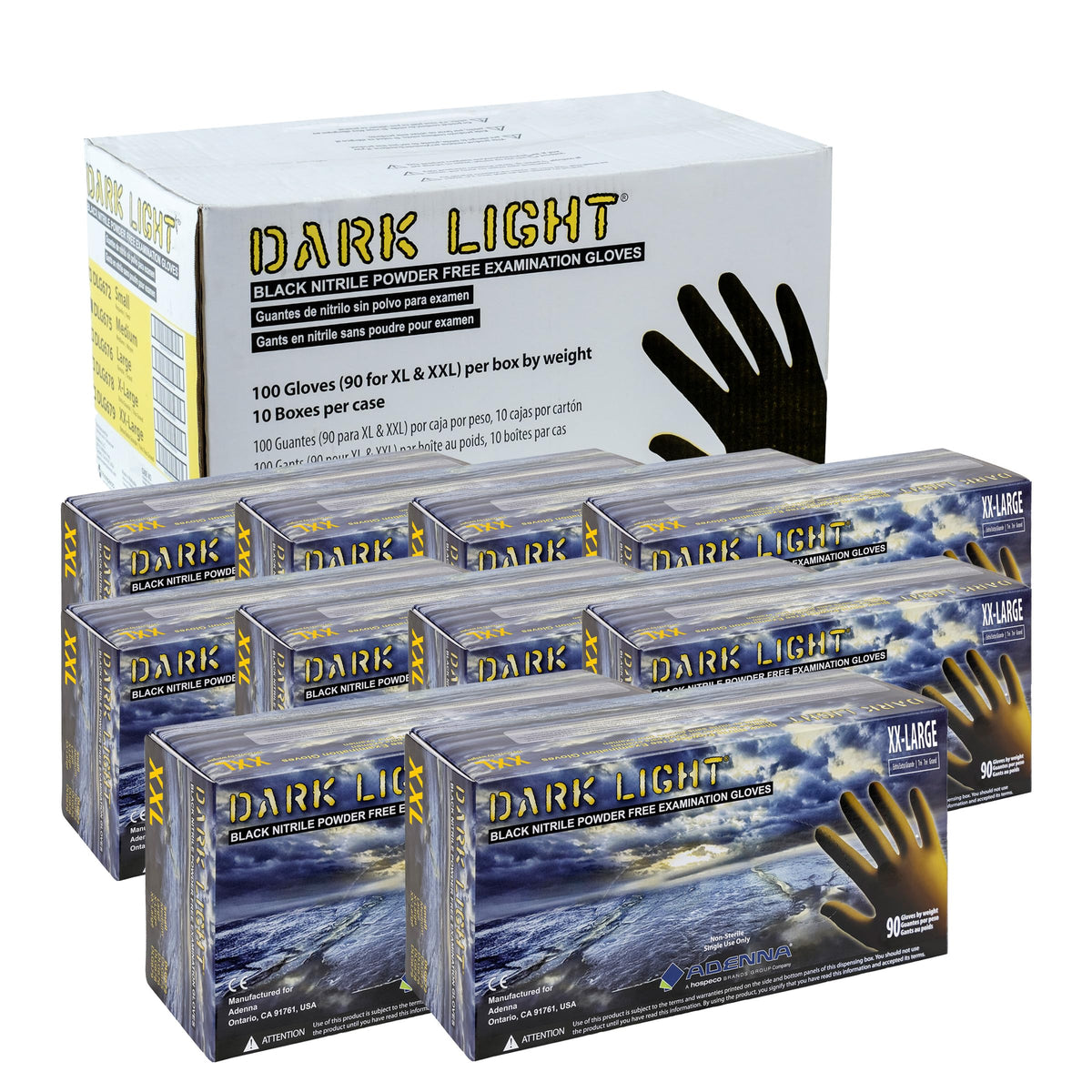 Adenna DLG675 Dark Light 9 mil Nitrile Powder Free Exam Gloves (Black, Medium) Box of 100