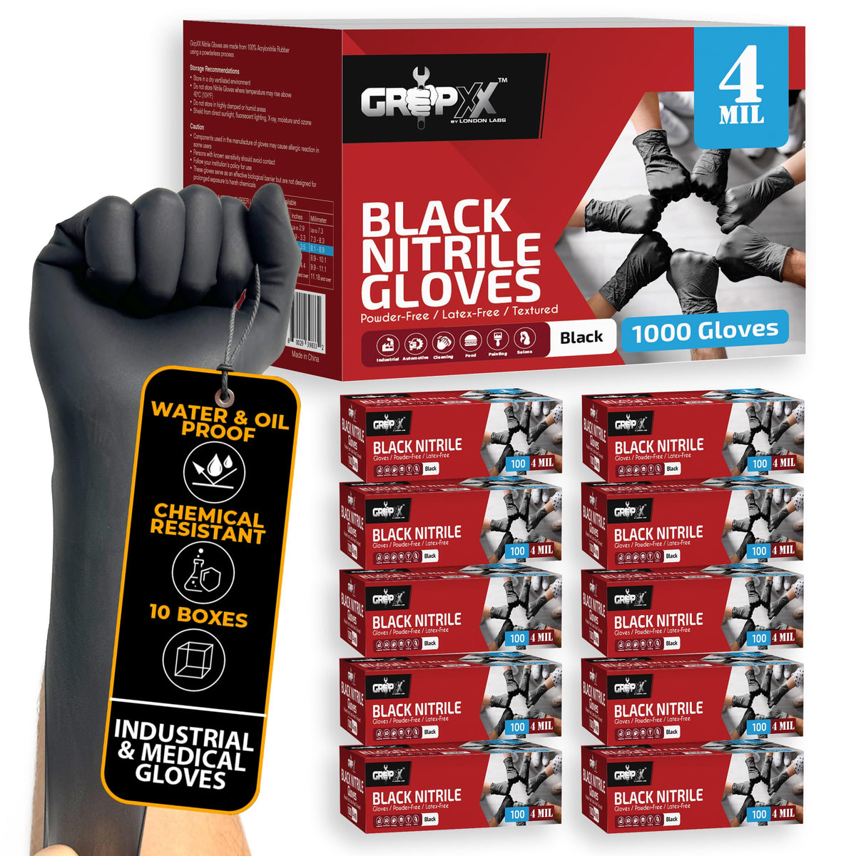 London Labs Black Nitrile Gloves Disposable Latex Free & Powder Free, 4 Mil Rubber Glove, Cleaning, Cooking, Mechanic(XS-XXL)