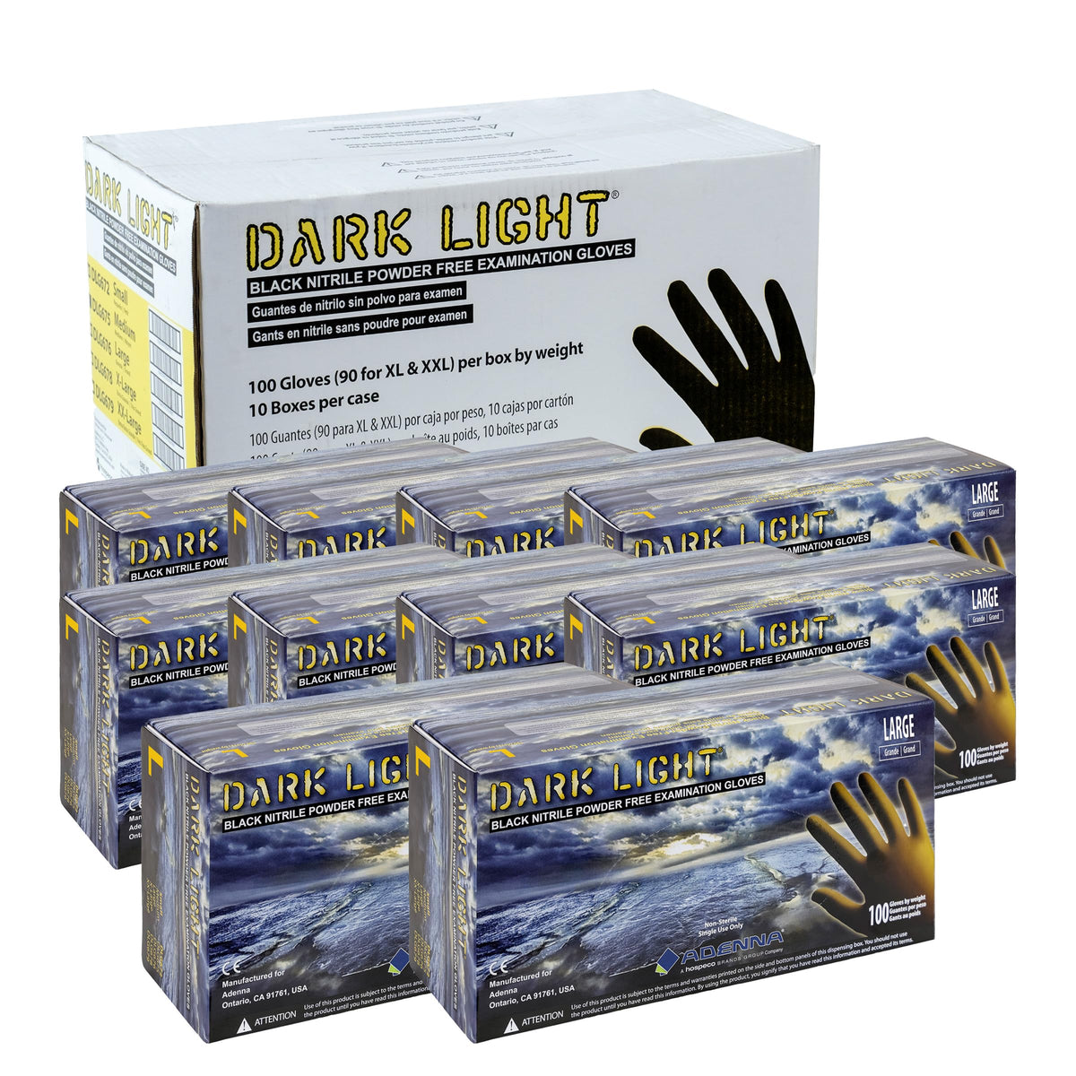 Adenna DLG675 Dark Light 9 mil Nitrile Powder Free Exam Gloves (Black, Medium) Box of 100